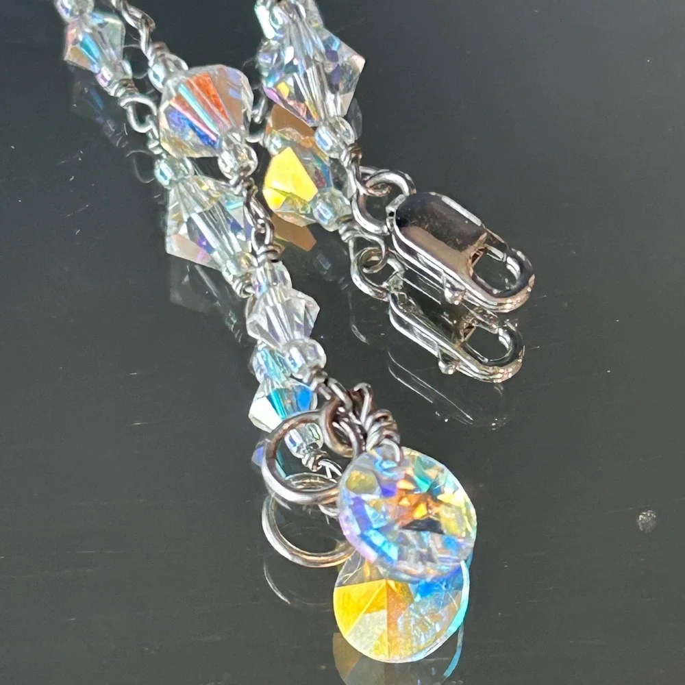Sterling Silver AB Crystal Bicone Iridescent Beaded Bracelet 7.25 Inch Faeted